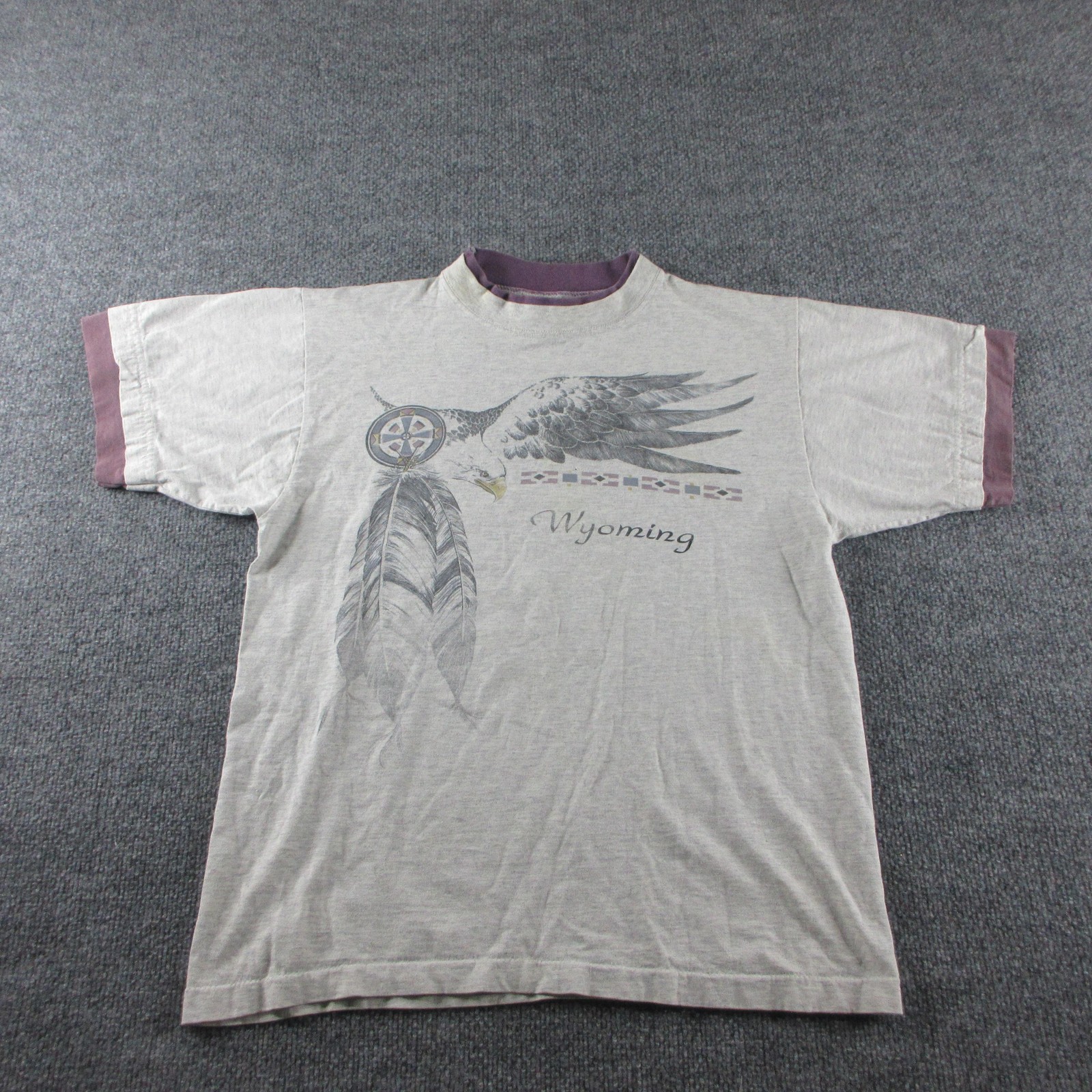 Vintage Wyoming Shirt Mens M Gray Eagle Feather Graphic Ringer Tee Made USA 90s gallery