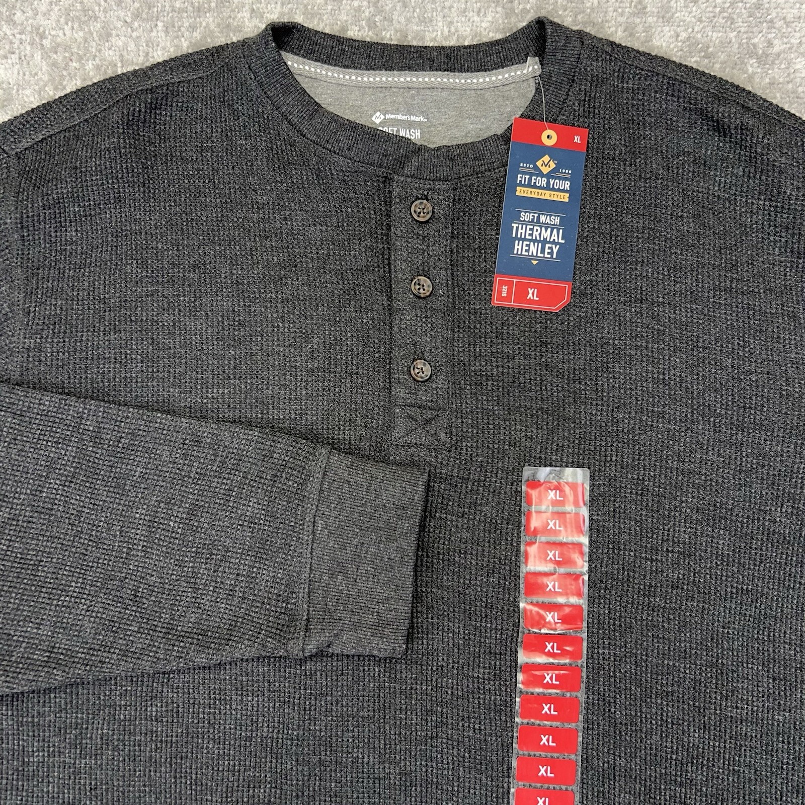 MEMBERS MARK Men XL Thermal Henley Shirt Long Sleeve Soft Wash Black Heather NWT