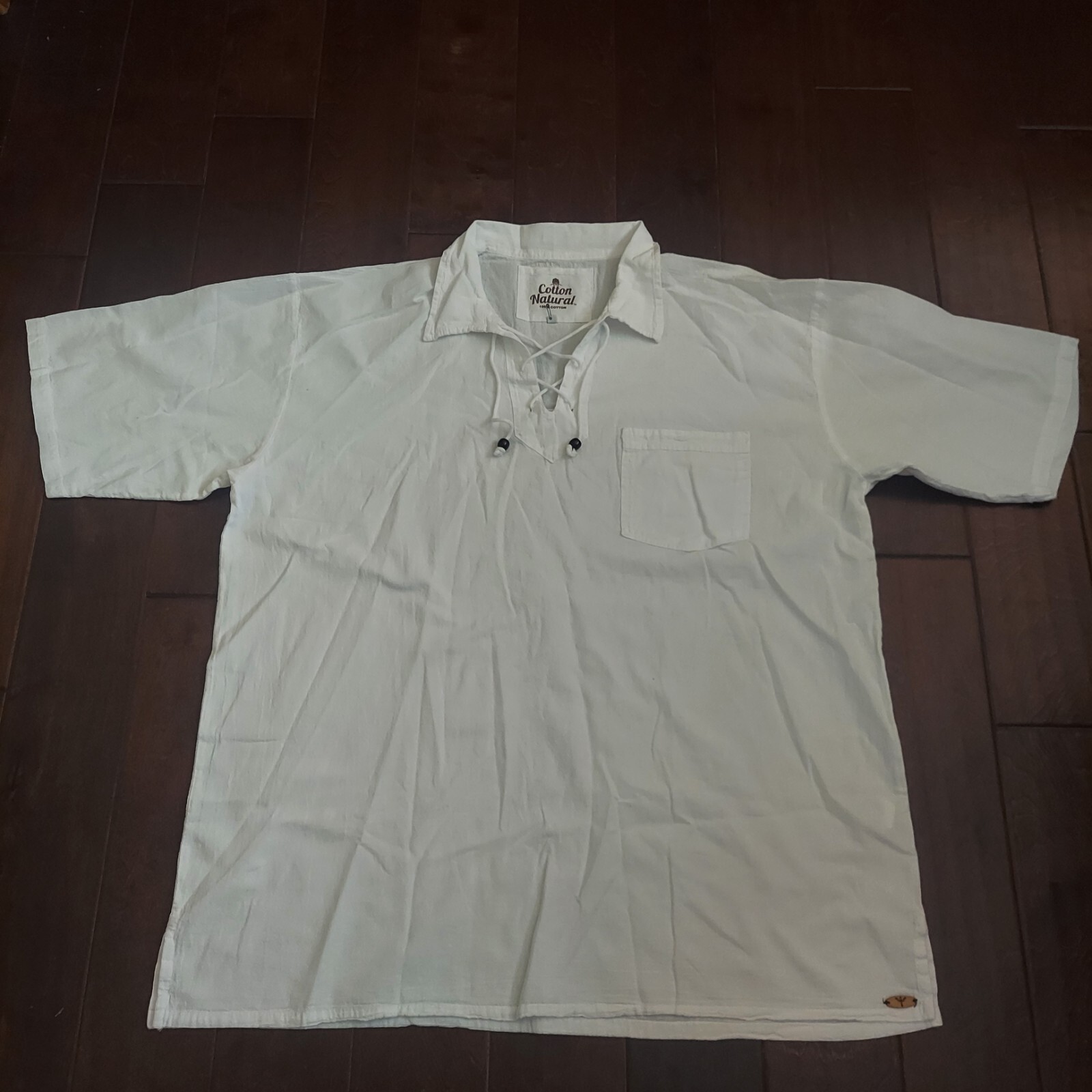 Cotton Natural Men’s White Front Pocket Drawstrings Beads Shirt – Size 3XL