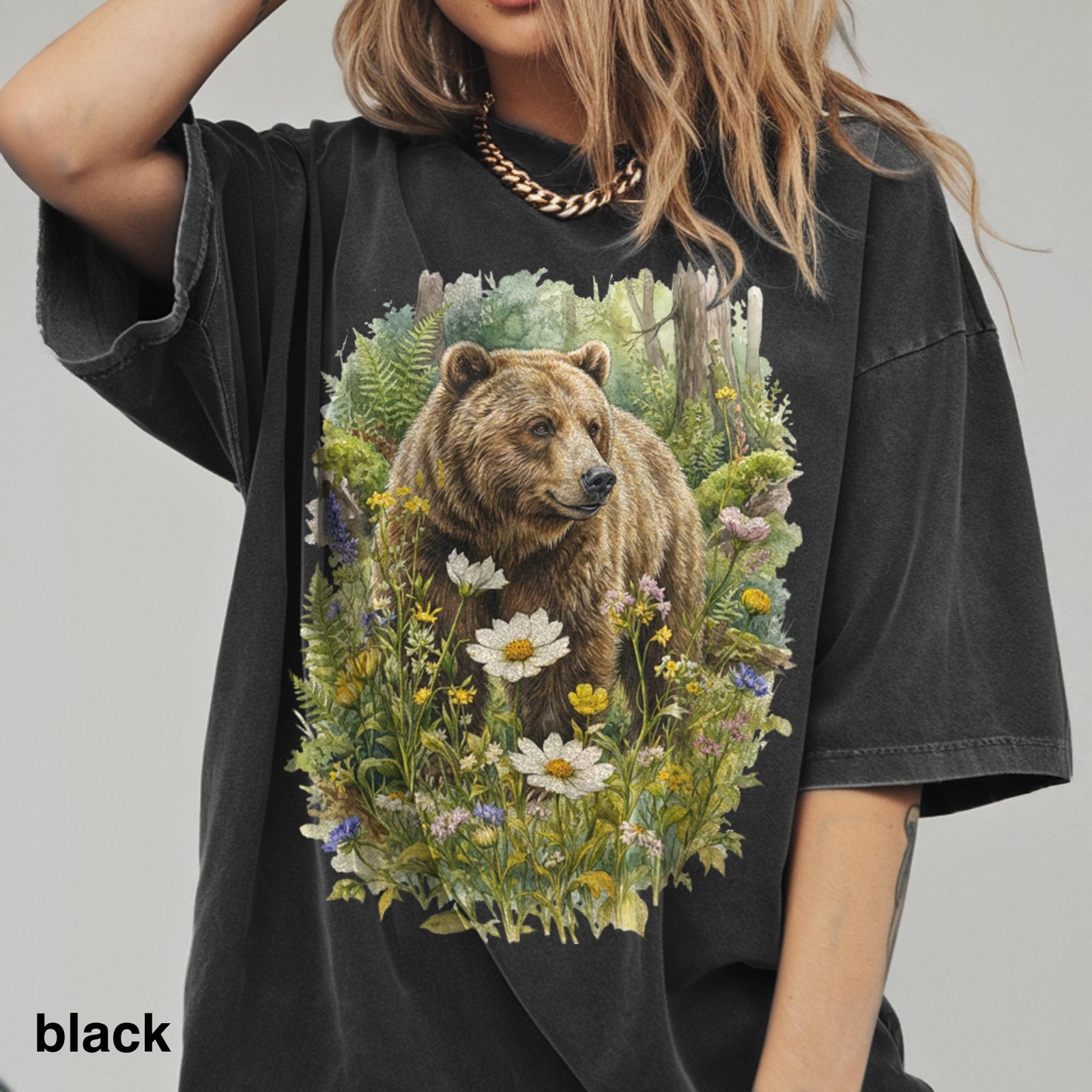 Vintage Floral Bear Graphic Tee Rustic Woodland Wildlife Shirt gallery