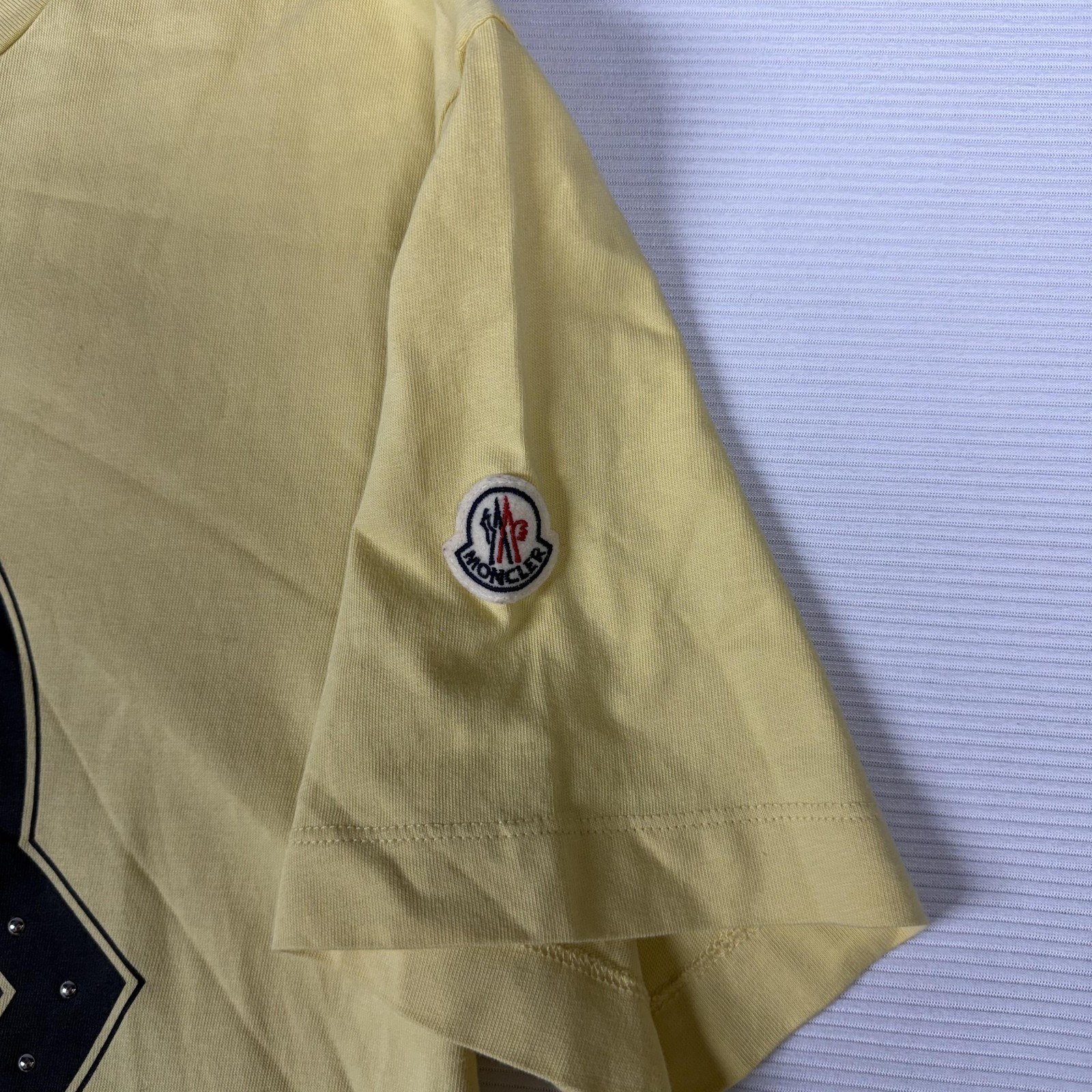 Moncler Shirt Mens Medium Yellow Big Logo Stud Graphic Tee Designer Streetwear gallery