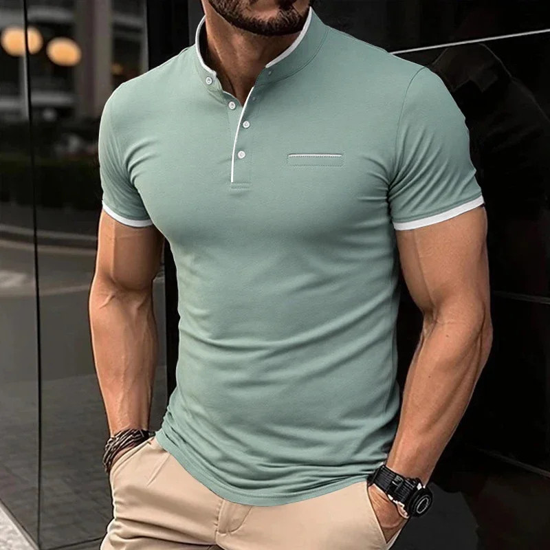 2025 New Men's Casual and Fashionable Solid Color Short Sleeved Stand Up Collar gallery