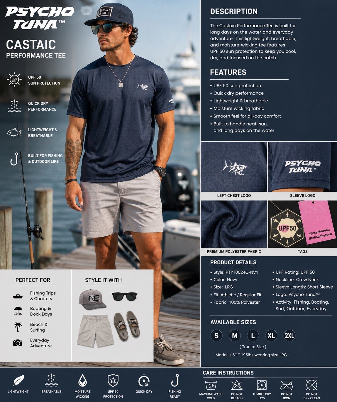 NWT Psycho Tuna UPF 50 Fishing Perform Tee Mens L Navy Quick Dry Salt life Surf gallery