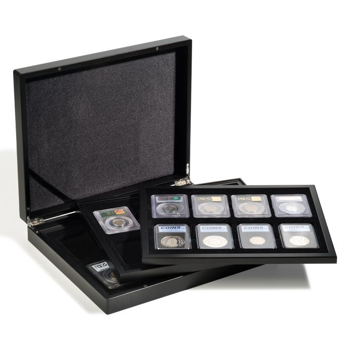 Lighthouse New Black Coin Presentation Display Box 3 Trays Luxury Case 24 Slabs