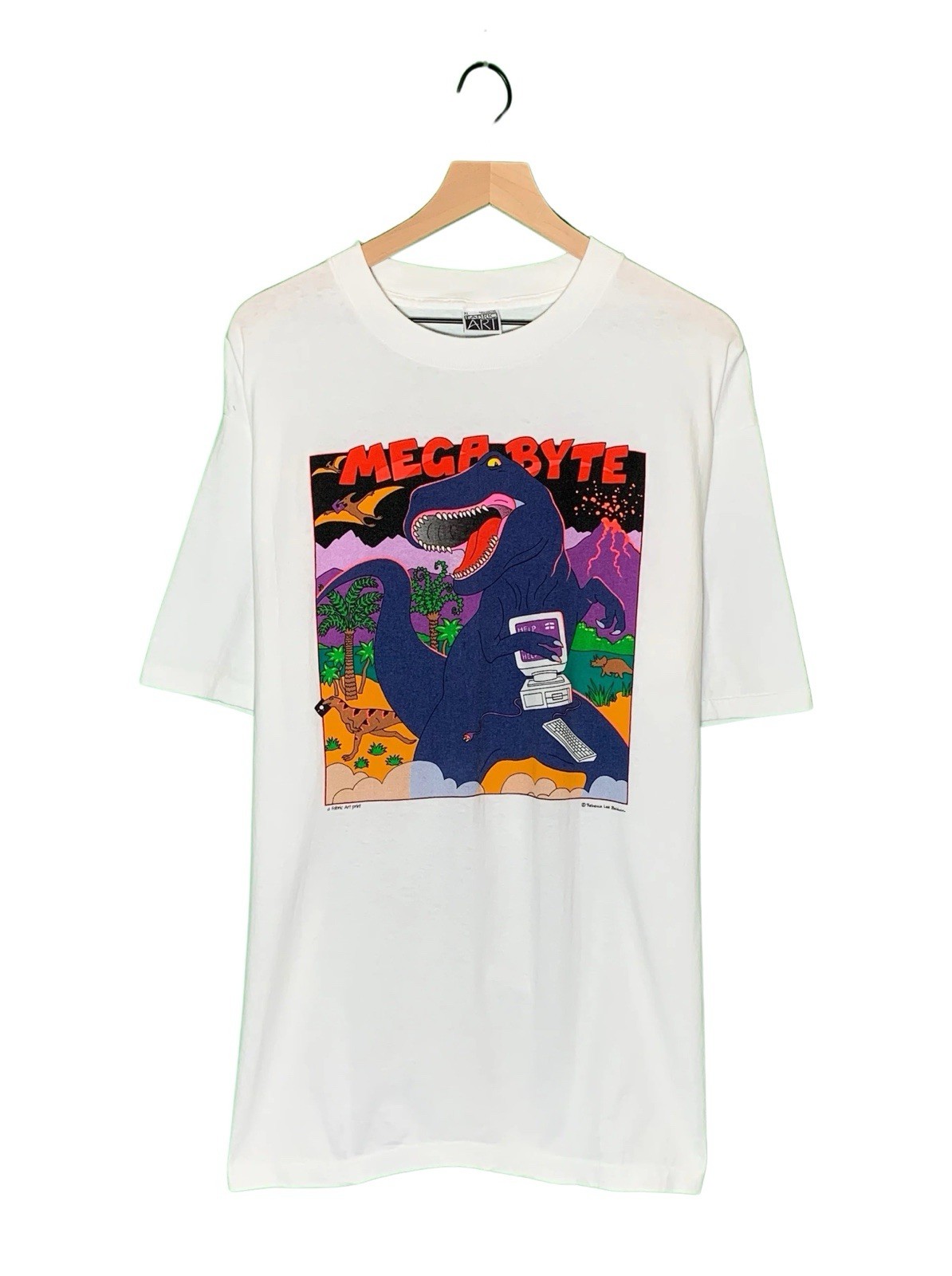 Vtg Fabric Art White Single Stitch Dinosaur T-Rex Mega Byte Nature USA Made XL