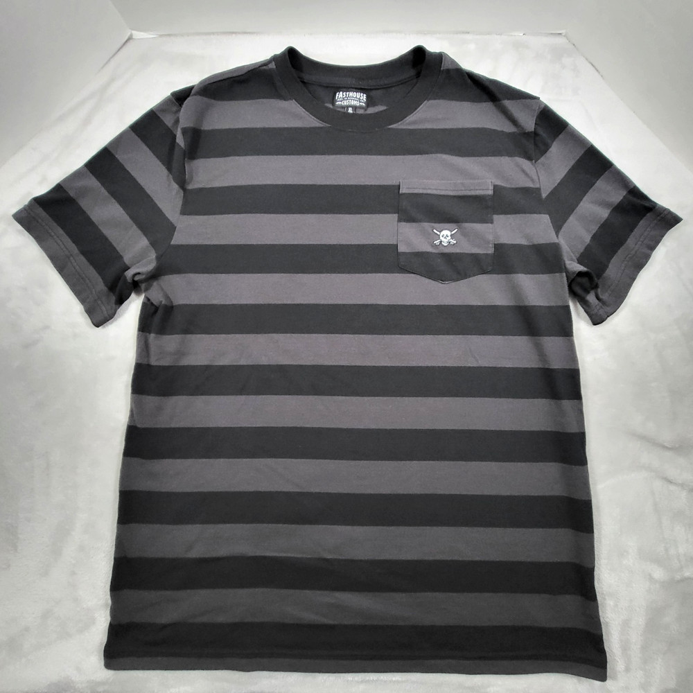 Fasthouse Rufus Stripe Pocket T-Shirt Mens XL Gray Black Yarn Dye Skull Moto