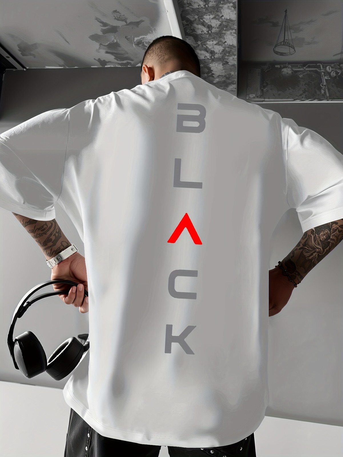 Men's Minimalist Black & Red colorblock T-Shirt with "BLACK" print gallery