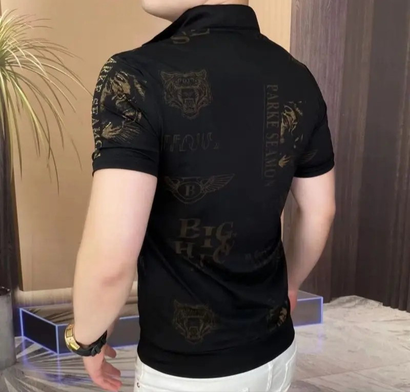 New Men Luxury Diamond Tiger Rhinestones Fashion Black Polo T-Shirt High Quality gallery