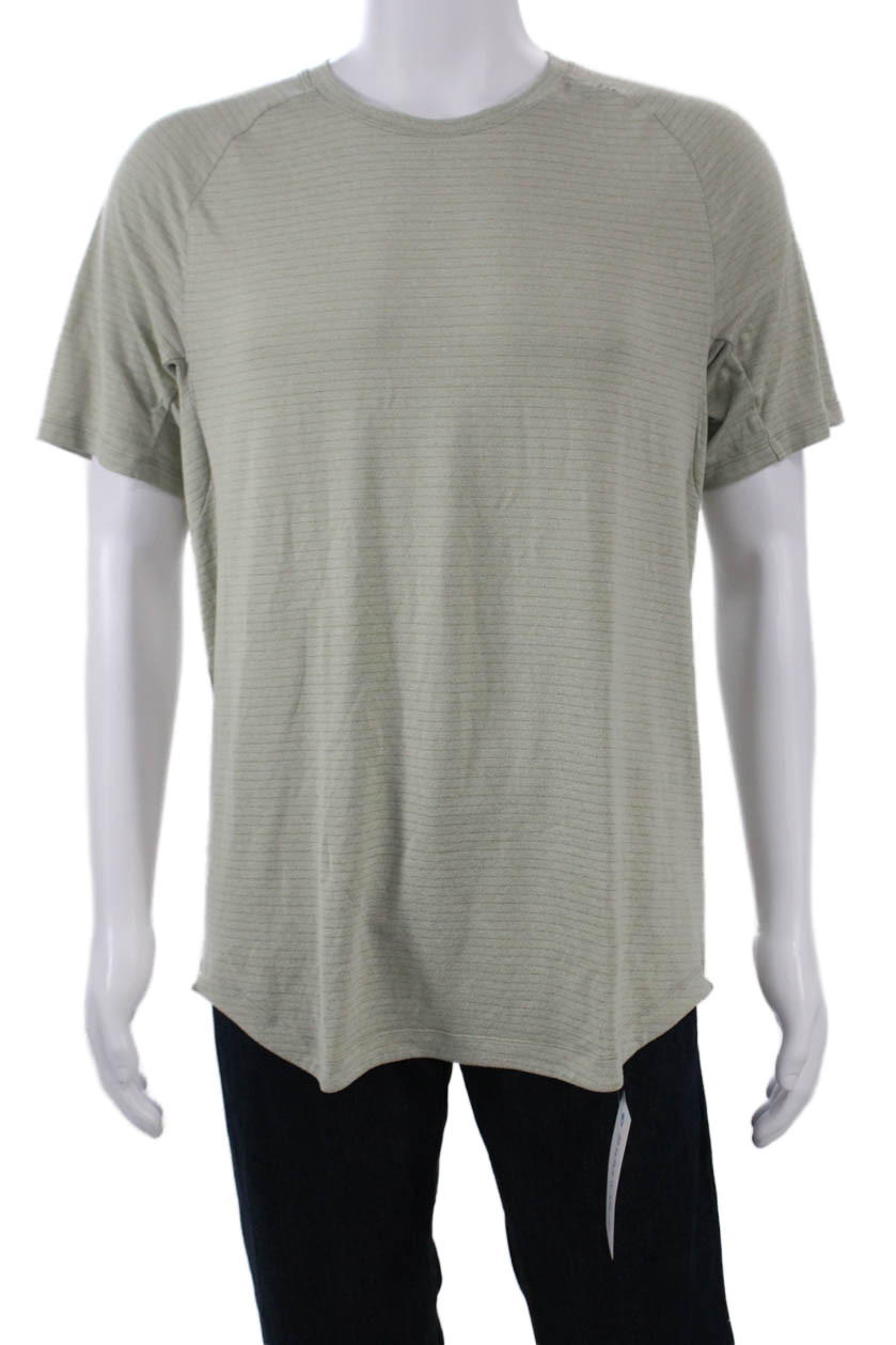 Lululemon Mens Beige Striped Nylon Blend Crewneck Short Sleeve T-Shirt Size M gallery