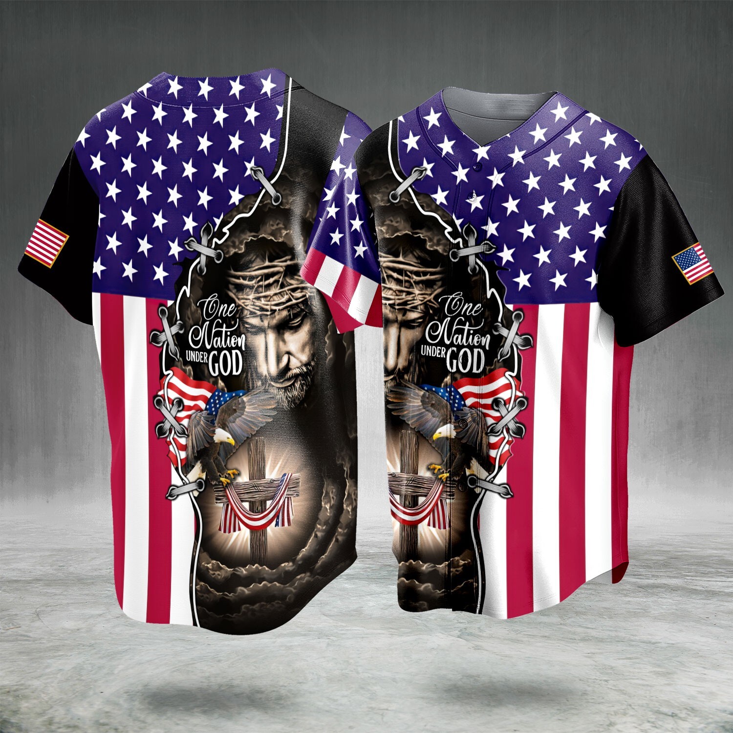 One Nation Under God Patriotic Eagle Usa Flag Baseball Jersey Full Size S-5XL gallery