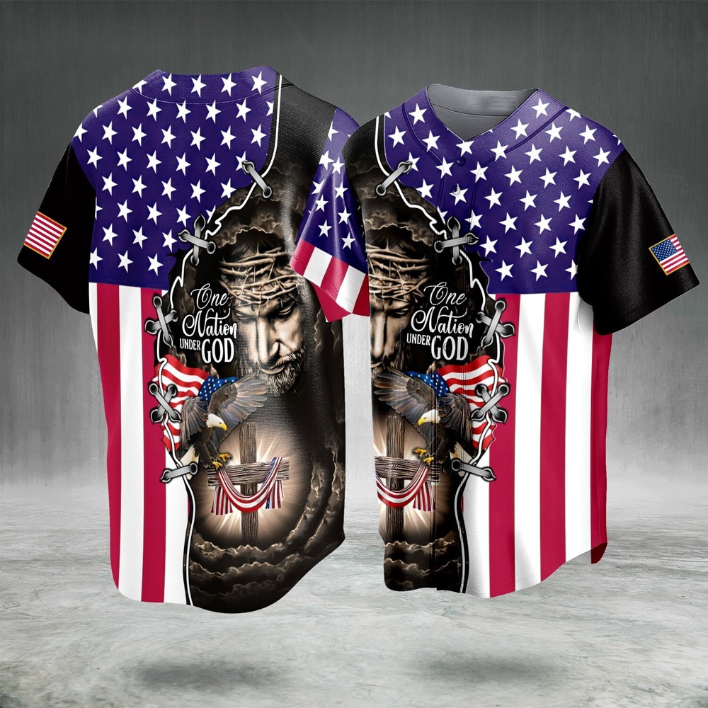 One Nation Under God Patriotic Eagle Usa Flag Baseball Jersey Full Size S-5XL