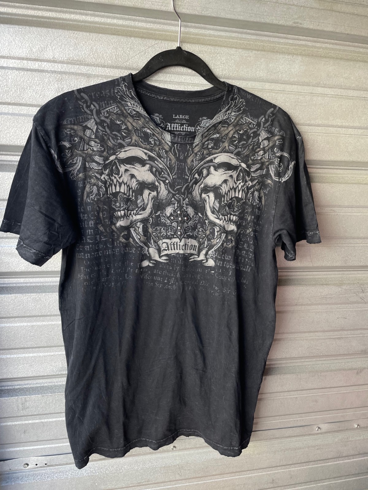 Affliction Double Skull Beaded Cross Graphic Black T-Shirt Men's Large gallery