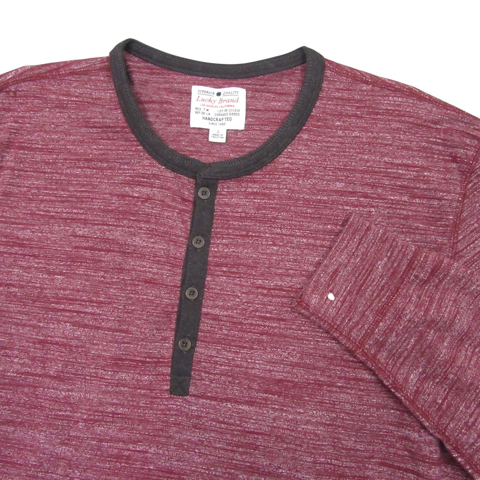 Lucky Brand Mens Henley T Shirt L Red Heathered Stretch Cotton Long Sleeve