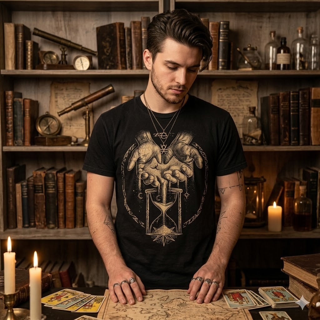 Mystical Hourglass Hands Occult Graphic Shirt Esoteric Dark Aesthetic Mens Tee gallery