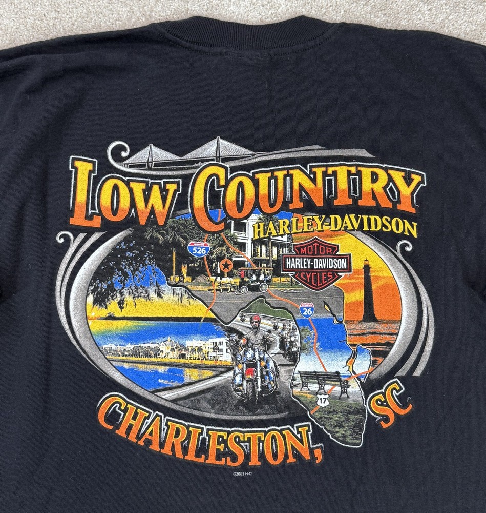 Harley Davidson Pocket T-Shirt LARGE Black Biker Y2K 2005 USA Charleston, SC