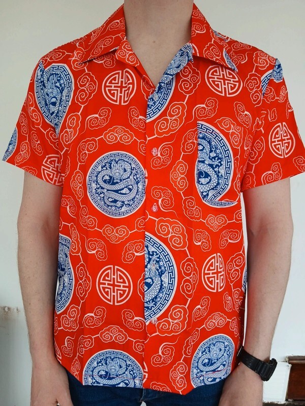Mens Red Blue Chinese Dragon Hawaiian Summer Travel T Shirt Short Sleeve Size XL gallery