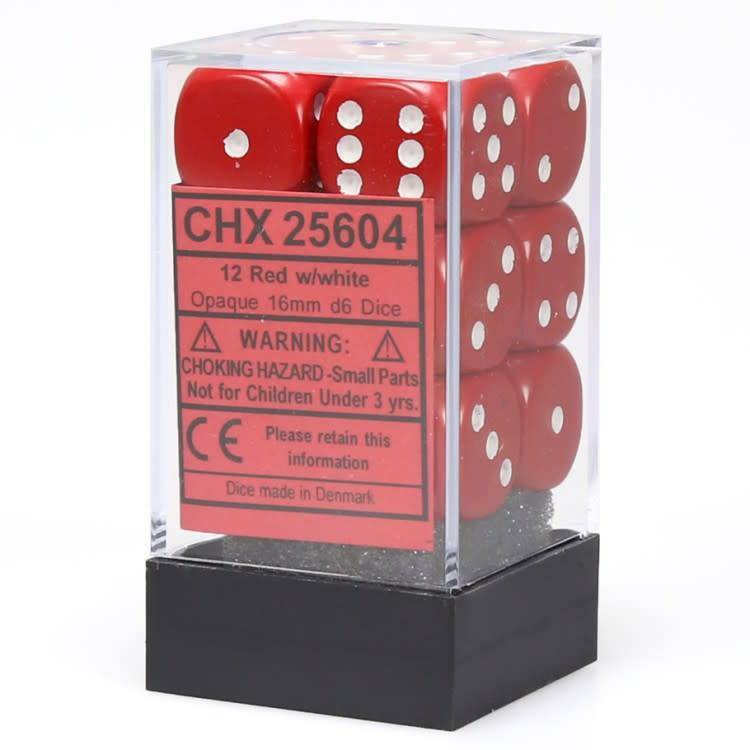 Chessex Opaque Red with White 12 Dice Set – 6 Sided – 16mm d6 Dice Block