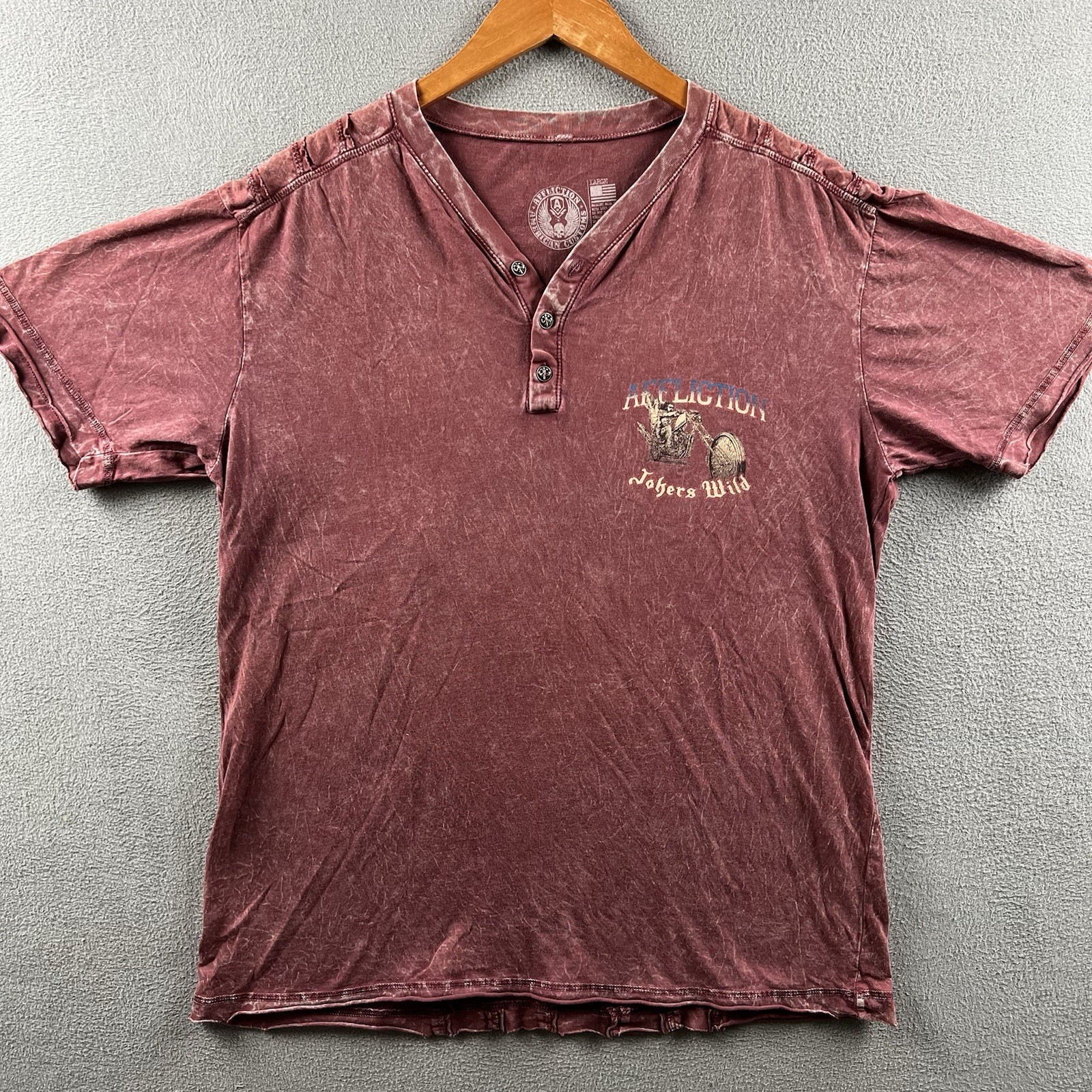 Affliction Shirt Mens Large Maroon Henley Jokers Wild Biker Skull Grunge Y2K