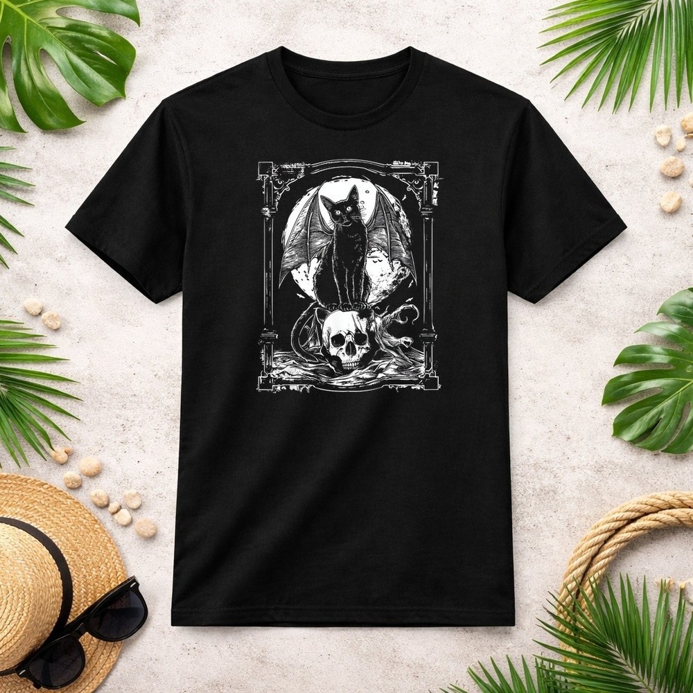 Bat Cat Skull _ Occult Unholy Punk Goth Grunge Black Metal T-Shirt Size S-3XL