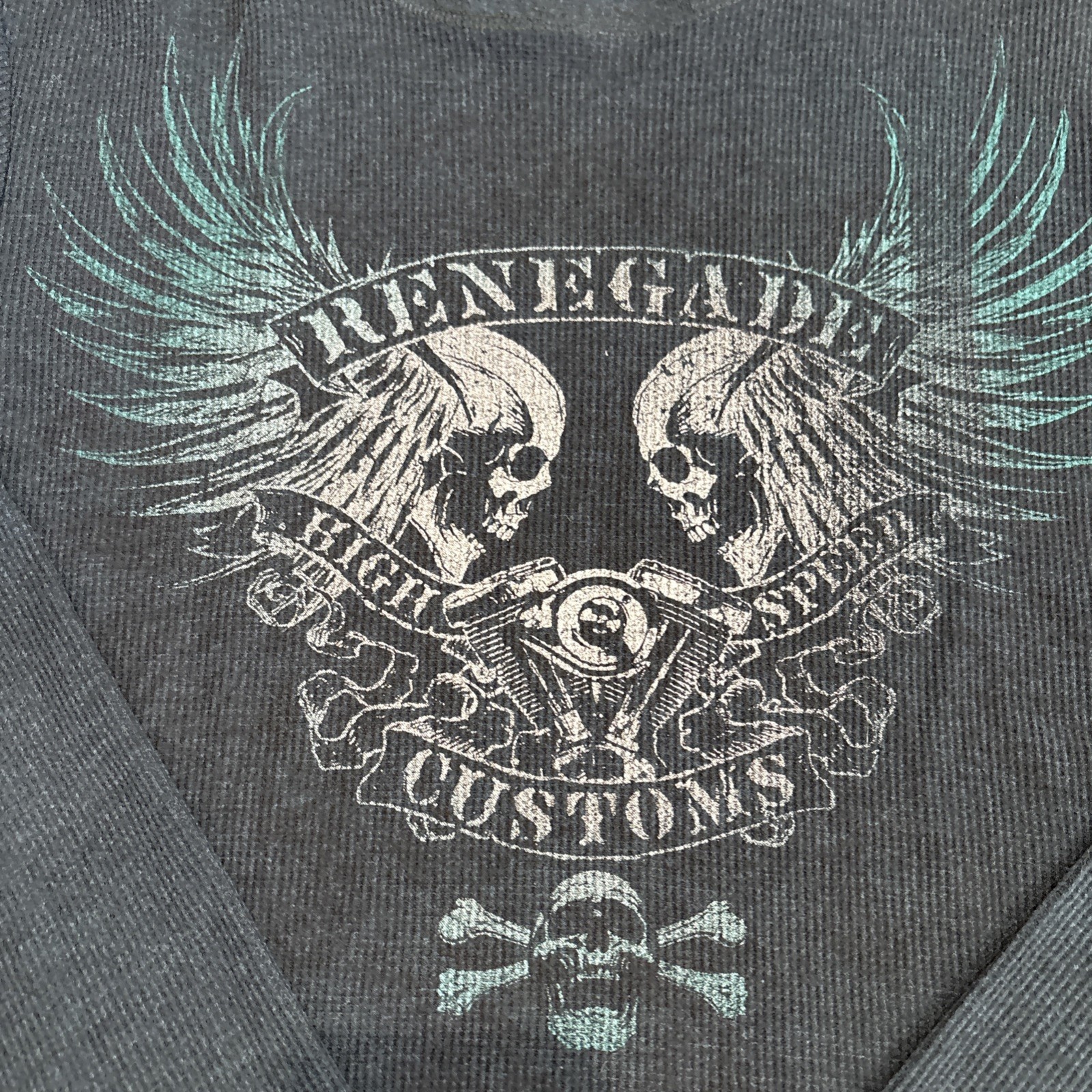 Y2K Thermal Shirt Mens L Waffle Knit Goth Grunge Skull Wings Navy Biker Tattoo gallery