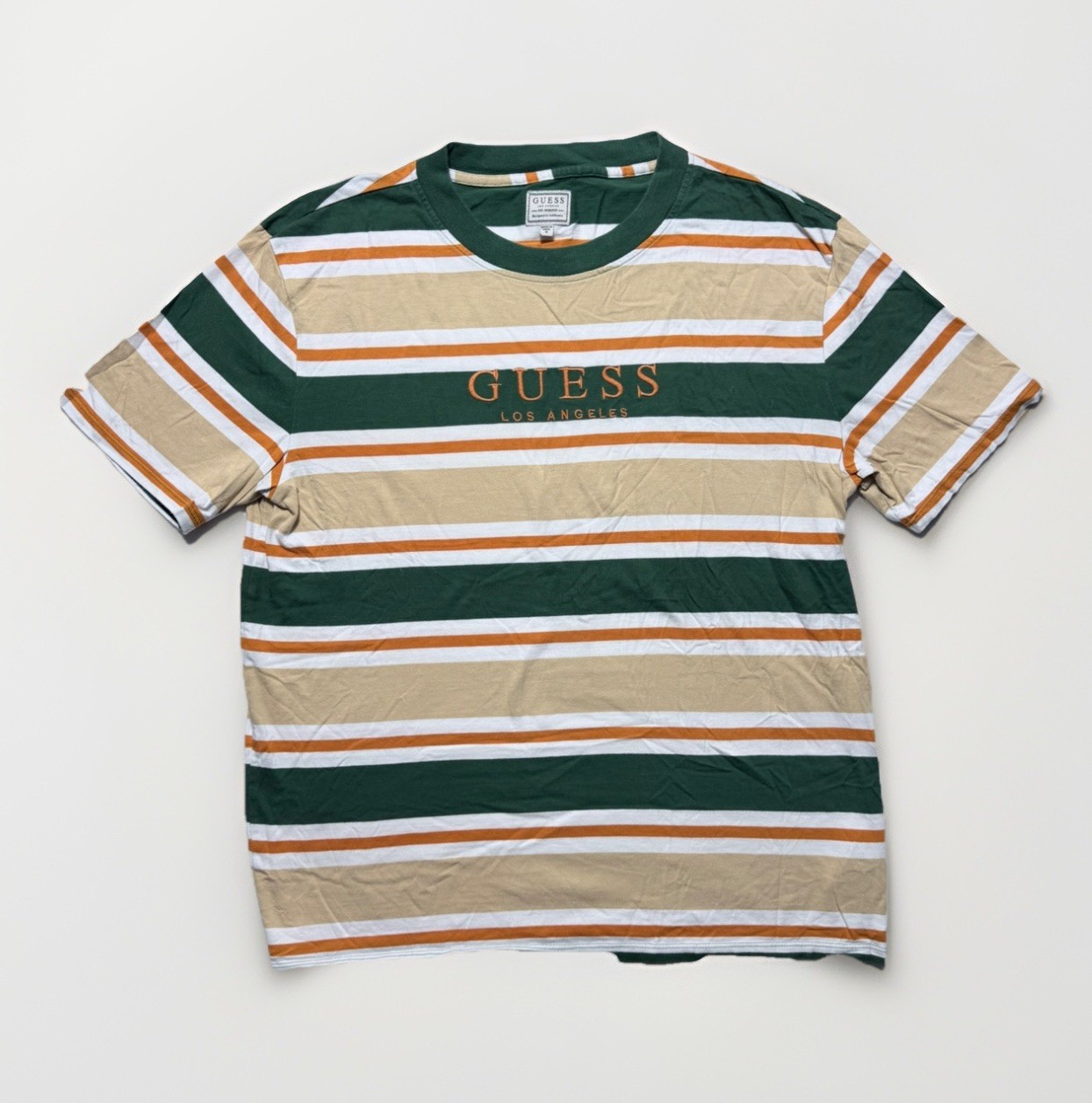 Guess Los Angeles Striped T Shirt Mens Size M Made in India VTG Green Orange Y2K gallery