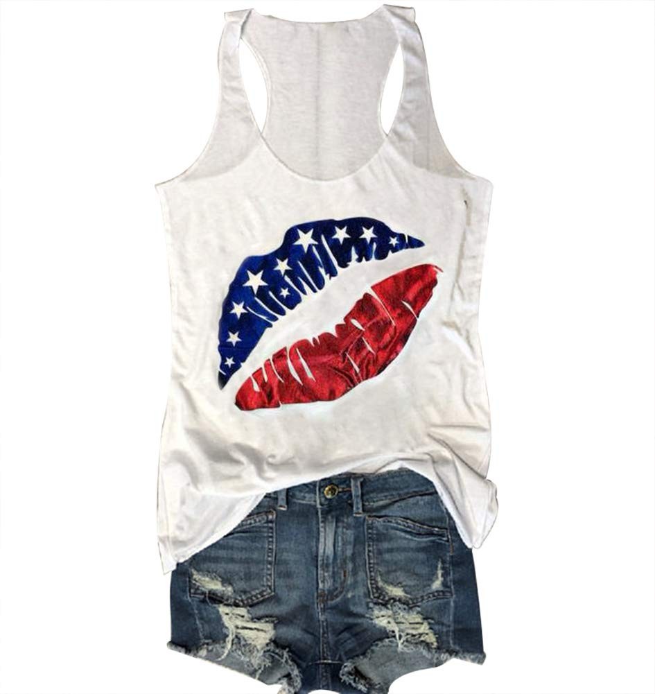 4th of July Tank Women American Flag Lips Funny Graphic Casual Sleeveless Tee…
