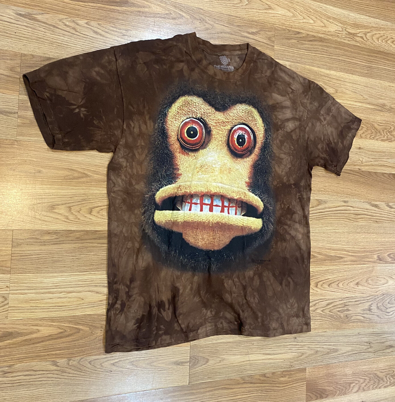 NWOT The Mountain Crazy Cymbal Monkey T Shirt Adult Size XL Tie Dye Brown gallery