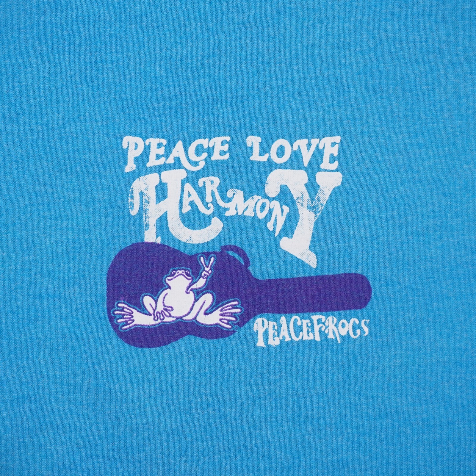 Peace Frogs Peace Love Harmony Guitar T Shirt Mens Medium Blue 50/50 Short Slv gallery