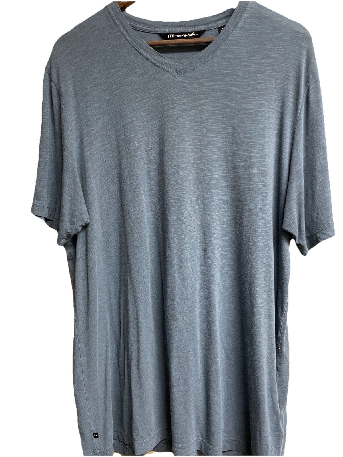 Travis Mathew vneck shirt. Slate blue semi sheer Large gallery