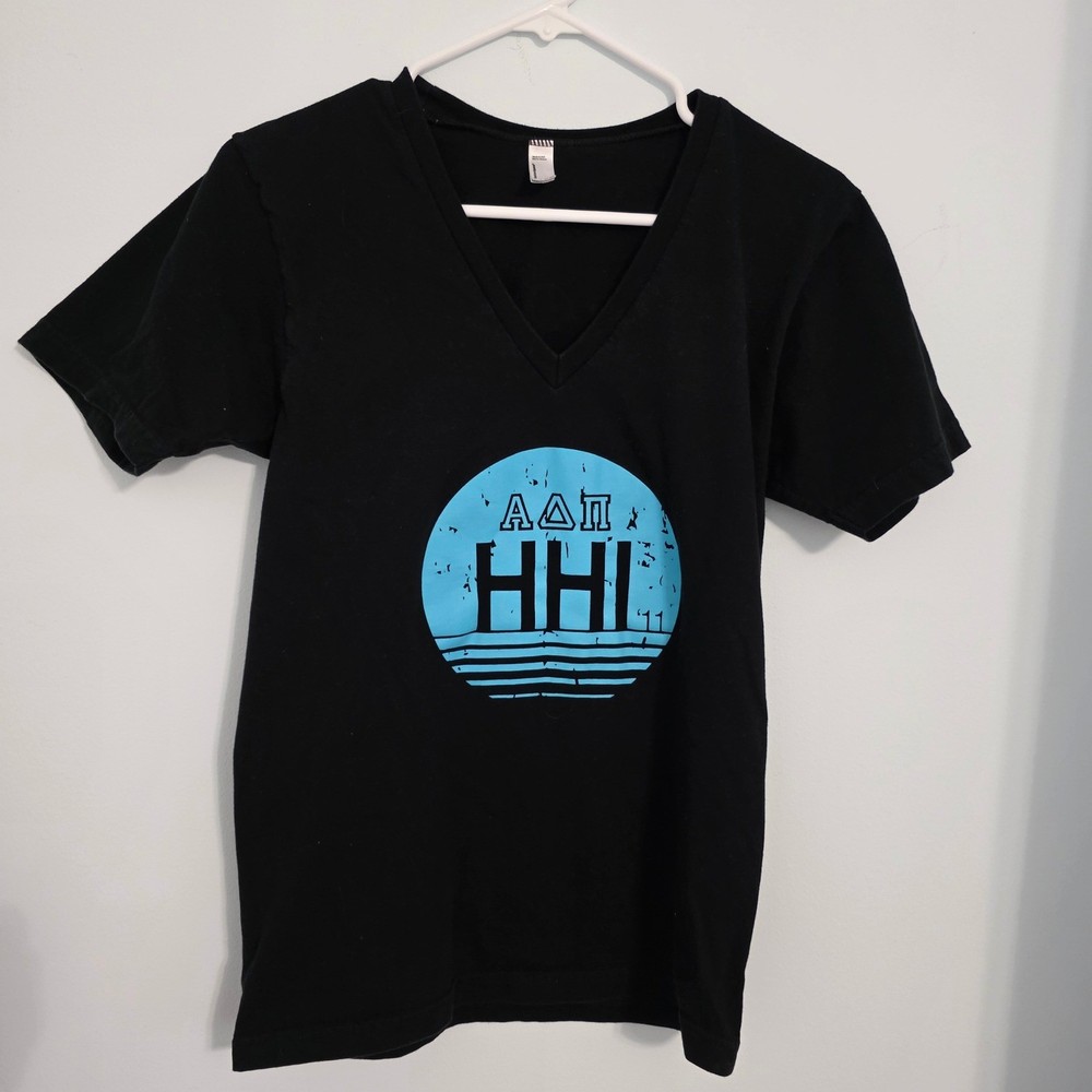 American Apparel Alpha Delta Pi ADPi Hilton Head Island V-Neck T-Shirt Black S