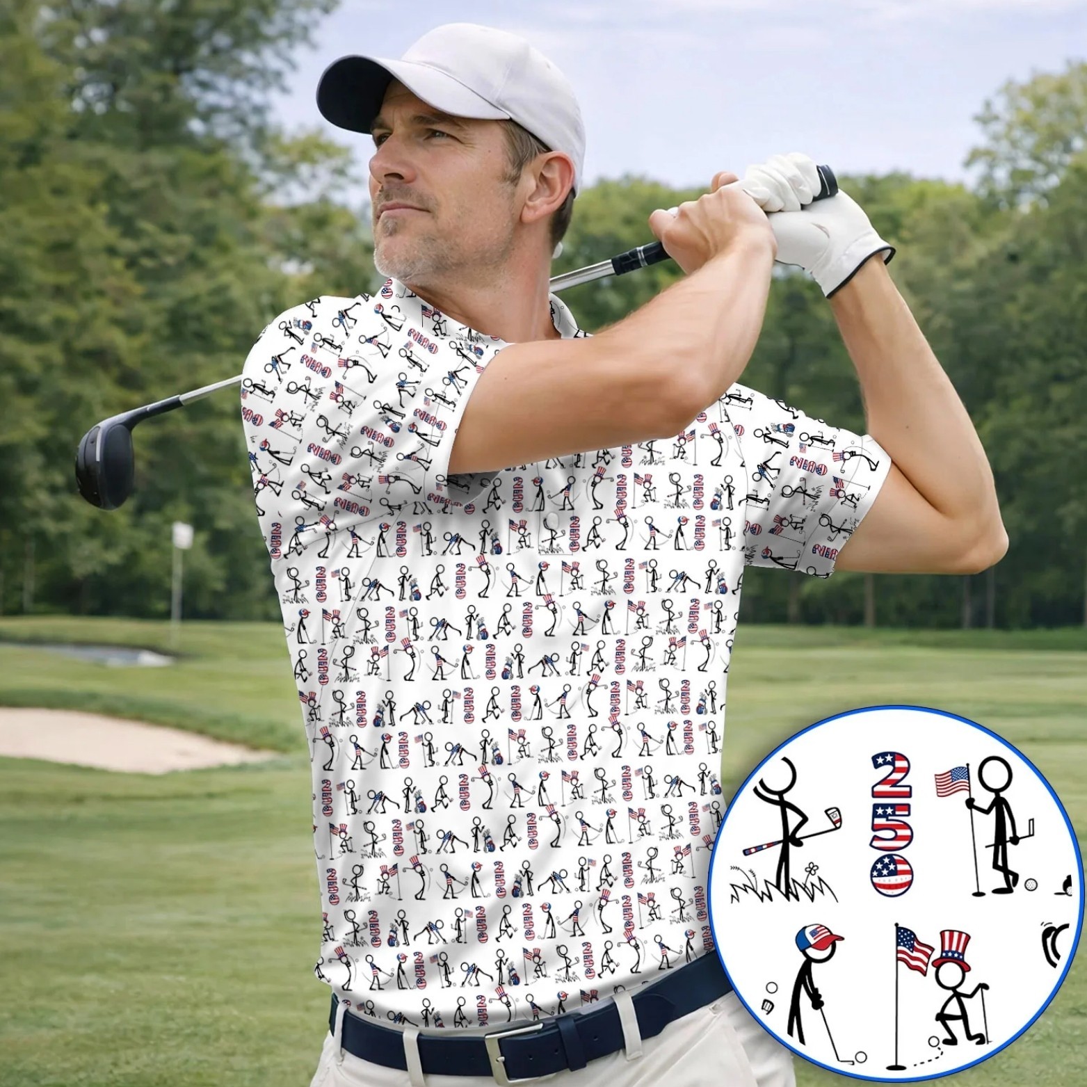 USA 250 Casual Patriotic Golf Shirt, 4th of July Stick Figure Golf Polo (S-5XL) gallery