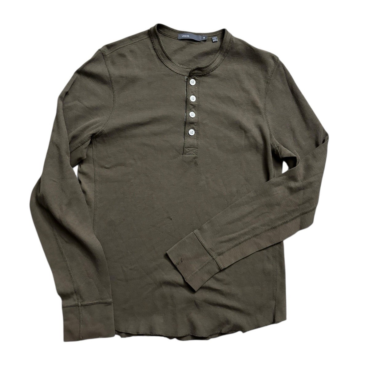 Vince Shirt Mens Size Medium Dark Olive Wafer Knit Henley Shirt Long Sleeve Slim gallery
