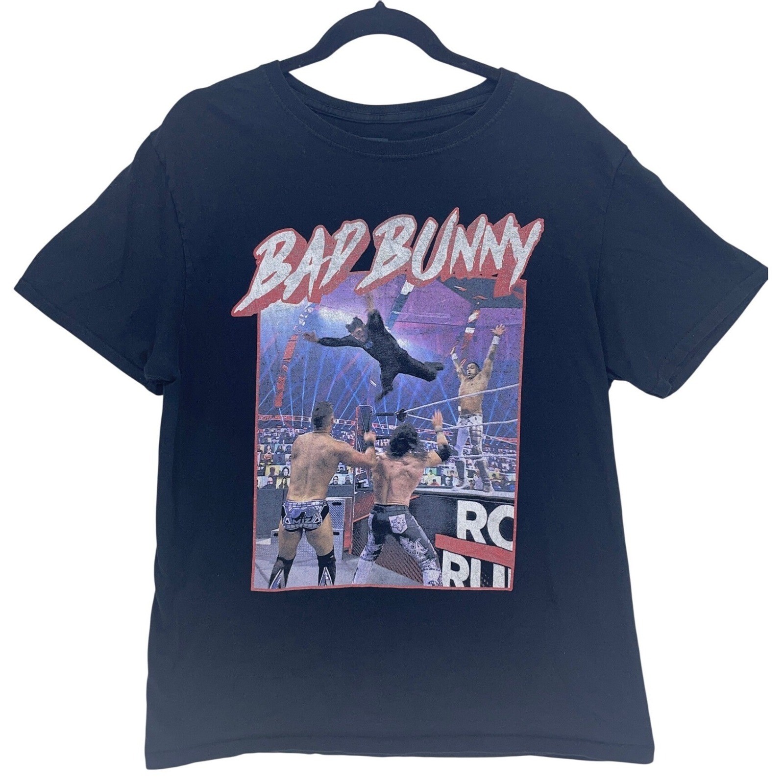 WWE Authentic Bad Bunny Black Graphic T-Shirt Large Royal Rumble Skull Merch gallery