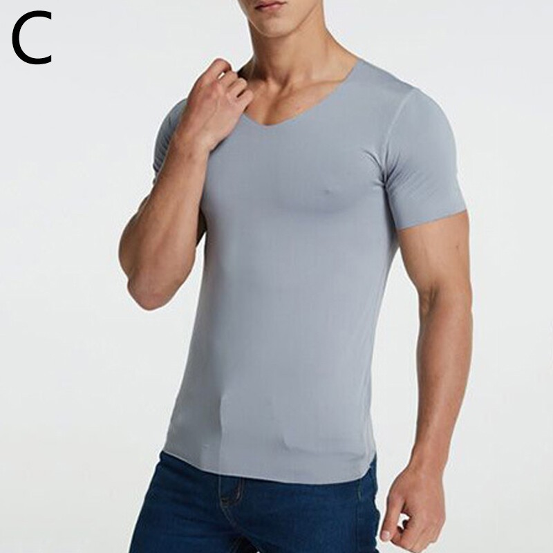 1PC Men Breathable Solid Color V Neck Tops Tees Ice Silk Tshirts Seamless M-5XL gallery