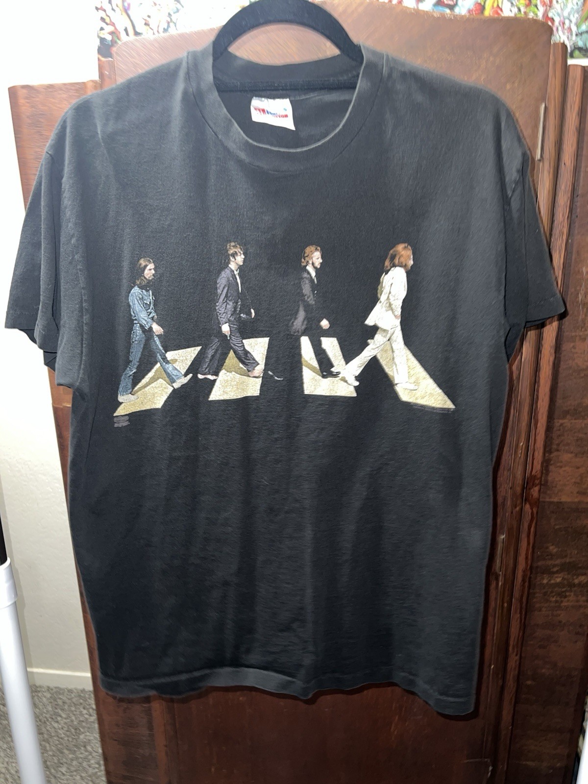 VINTAGE 90S THE BEATLES ABBEY ROAD BLACK T SHIRT MENS L HANES SINGLE STITCH TEE