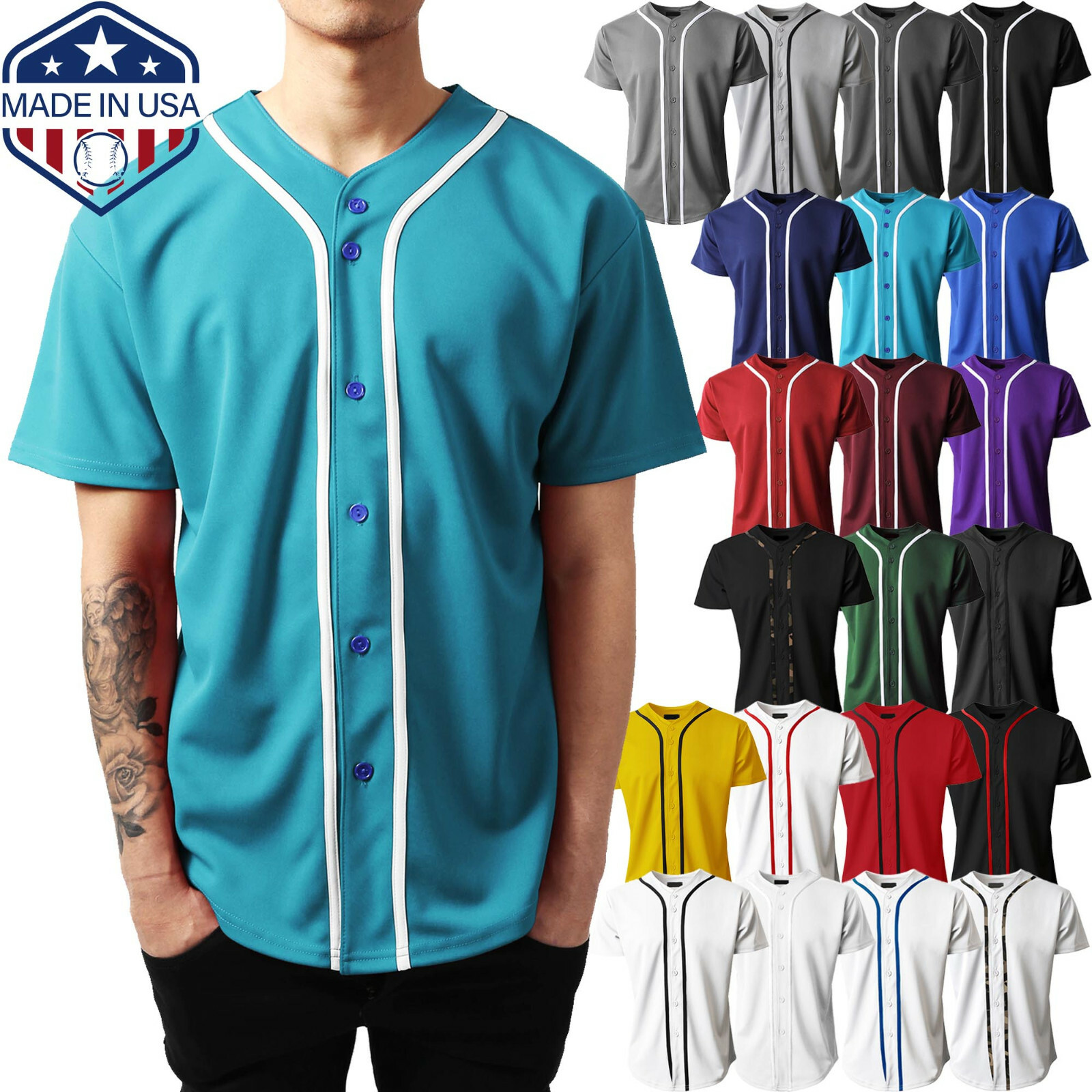 Mens Baseball JERSEY Raglan Plain T Shirt Team Sport Button Fashion Tee Casual gallery