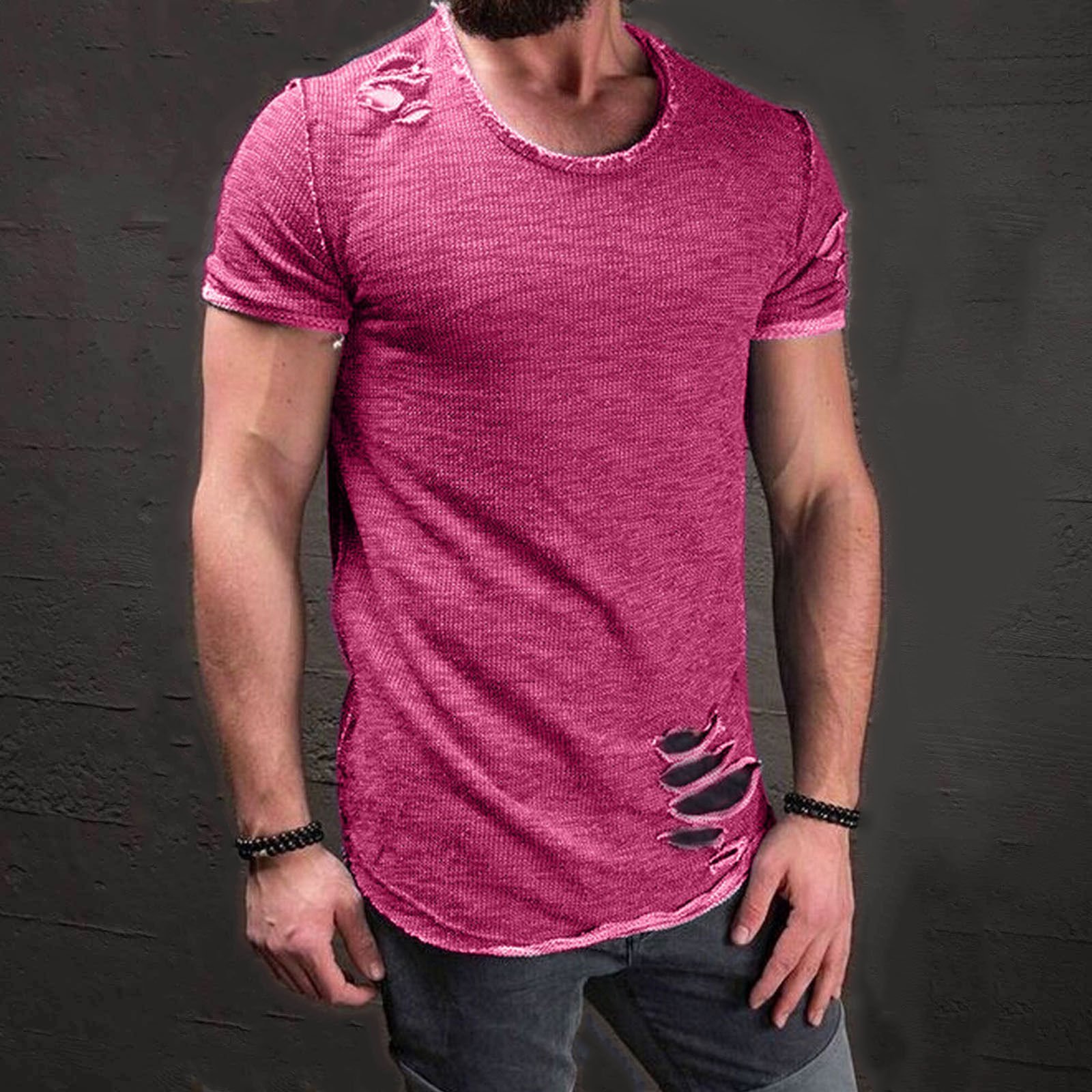 Hot Men's Slim Fit O Neck Short Sleeve Muscle Tops T-shirt Ripped Casual Blouse gallery