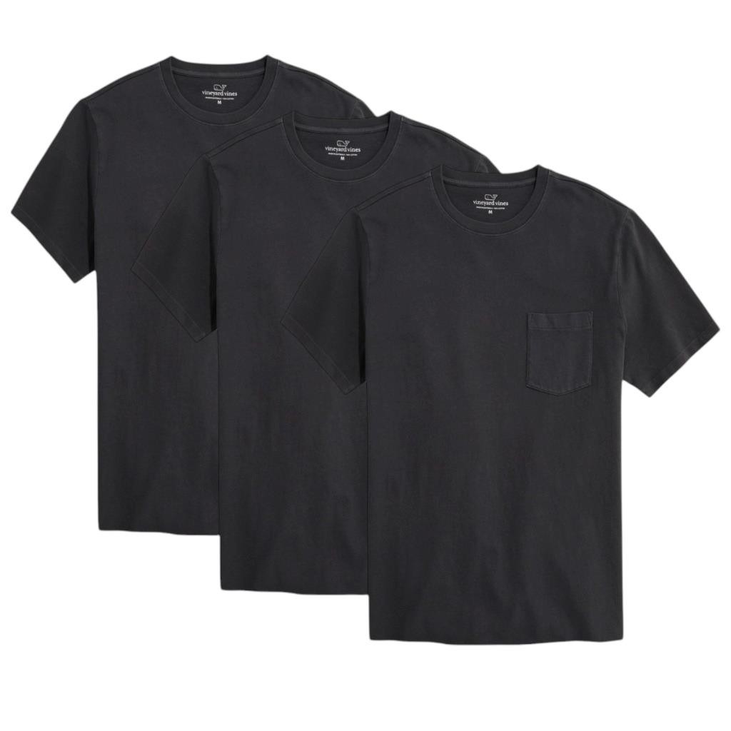 (3-Pack) Vineyard Vines Men’s LARGE T-Shirt Solid Black, Short-Sleeve Pocket Tee