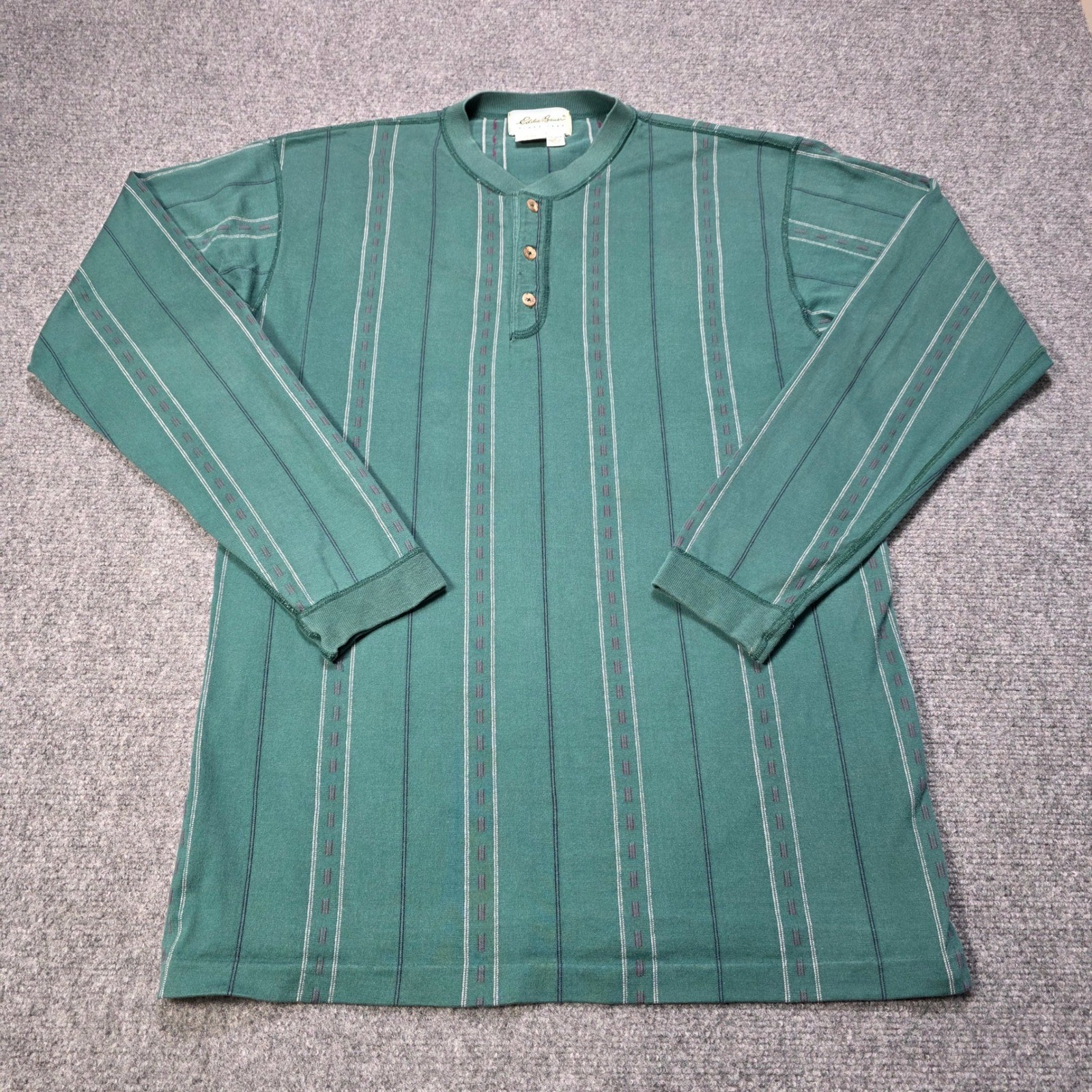 Eddie Bauer Men's Medium Tall Henley Shirt Long Sleeve Green Striped 100% gallery