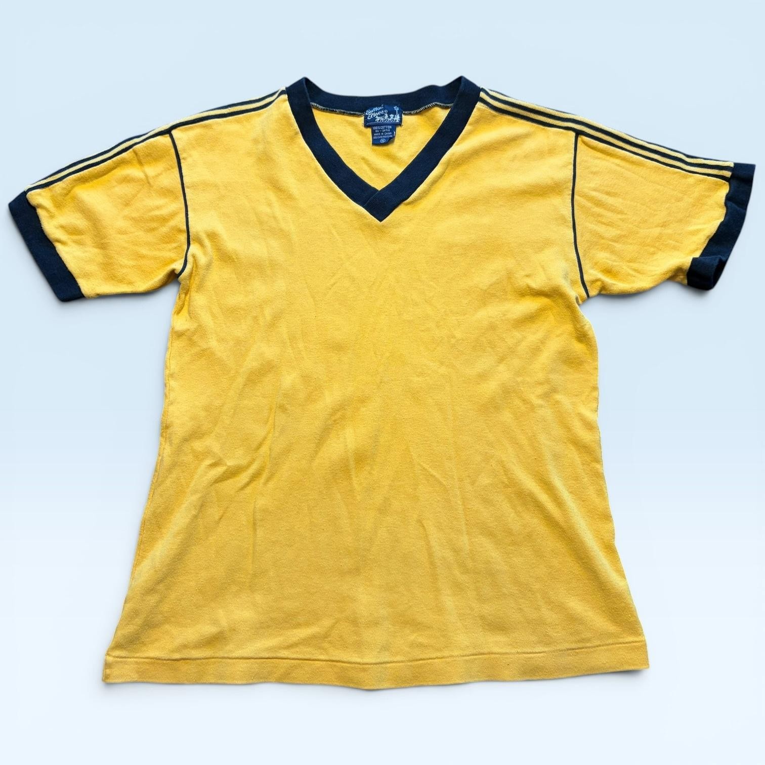 Sutton Place Shirt Mens Small Yellow Ringer Retro V Neck Stripe Trim Tee 70s gallery