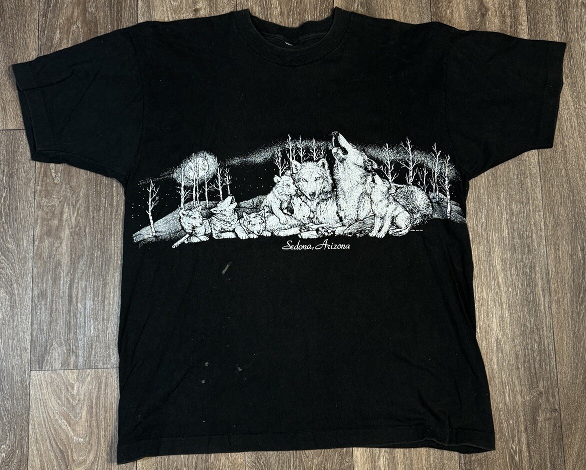 Vintage Sedona Arizona Wolf Wrap Around Nature Animal Black T-Shirt XL 1990 gallery