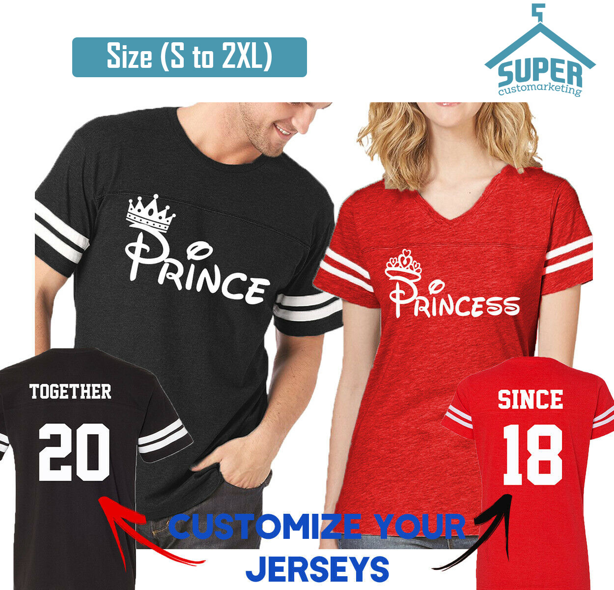 Couple Matching Shirts FASHION Prince Princess FOOTBALL JERSEYS TOGETHER SINCE gallery