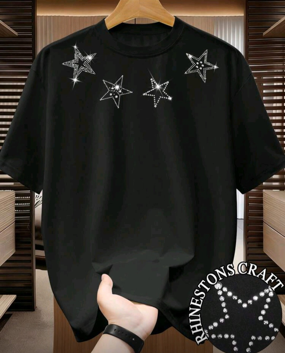 New Men Luxury Diamond Stars Rhinestones Fashion Black T-Shirt High Quality gallery