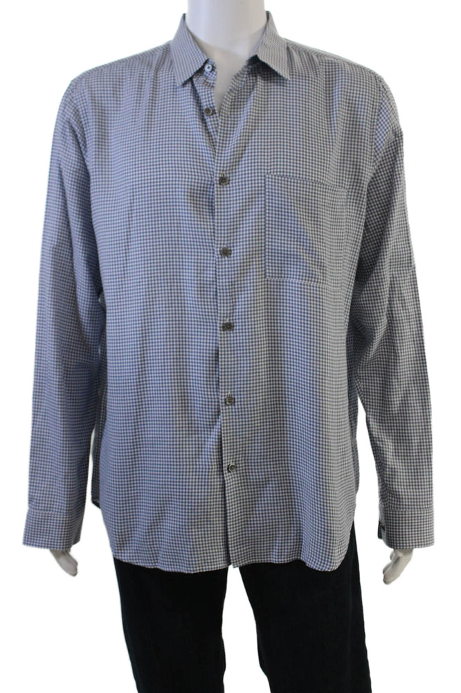 Theory Mens Point Collar Button-Up Check Cotton Blue Long Sleeve Shirt Size XL