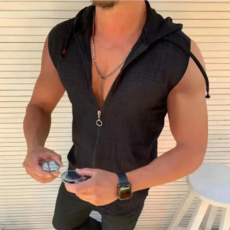 2026 sleeveless hooded zipper cardigan T-shirt for men's summer new fashion gallery