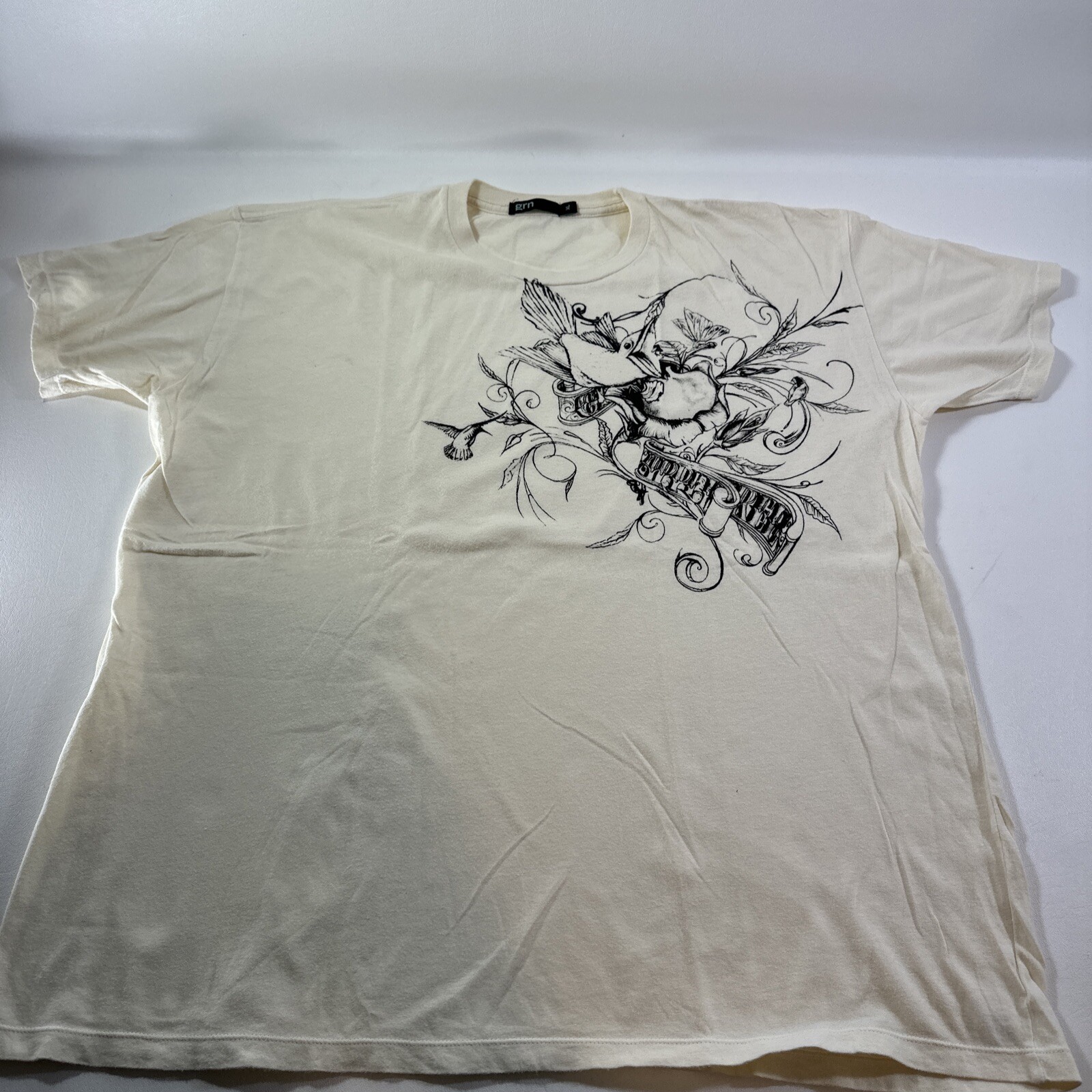 GRN Green Apple Designer Cream T Shirt Mens Sz XL Hummingbird Flowers Banner gallery