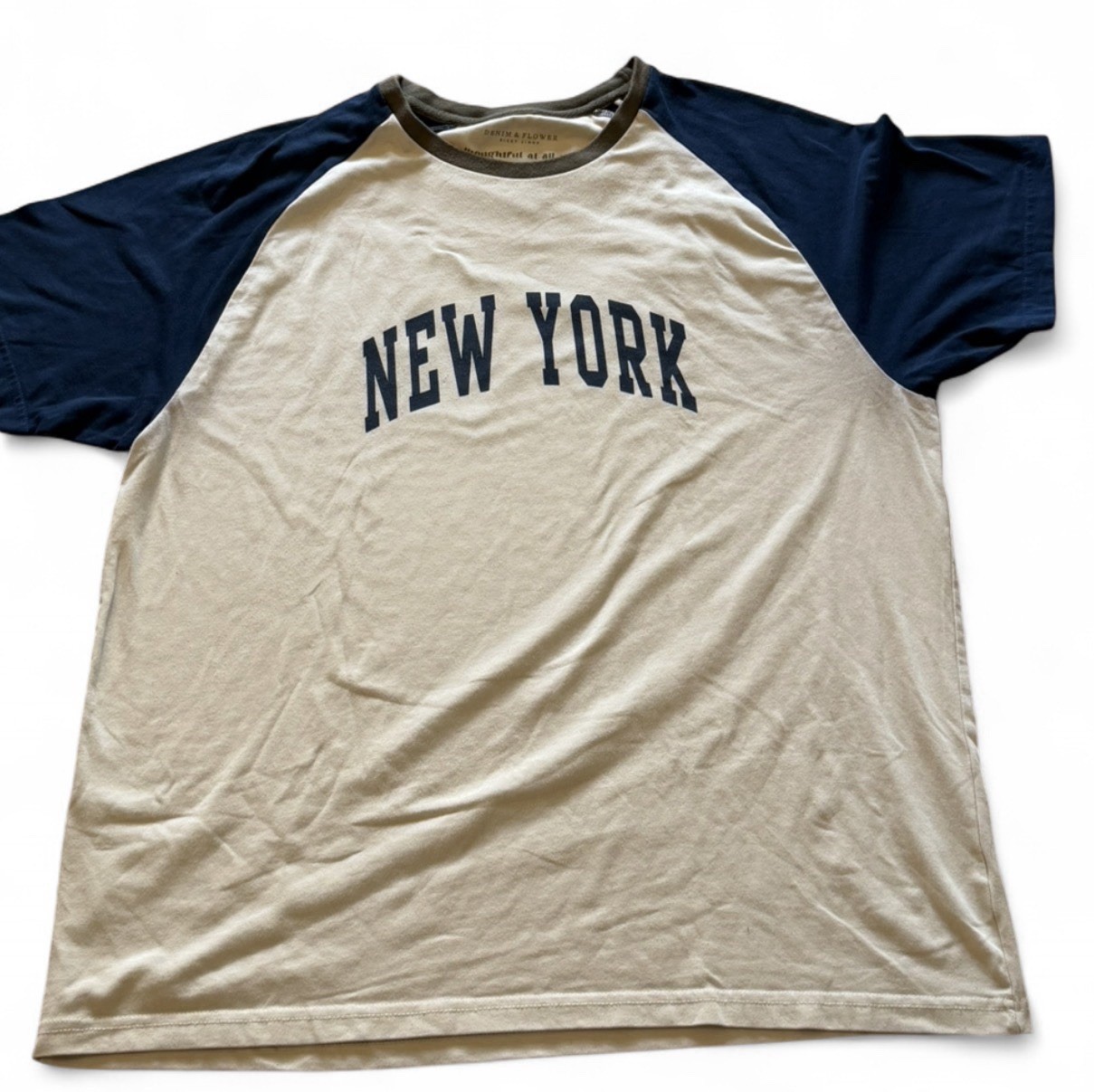 Denim & Flower New York Colorblock Raglan T-Shirt Beige/Blue Cotton Jersey XL gallery