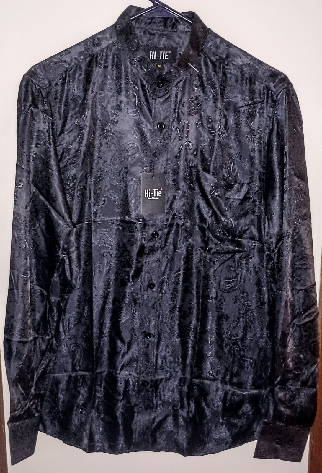 New Hi-Tie Men’s Black Paisley AOP Dress Shirt Button Down Long Sleeve Mens Sz M gallery