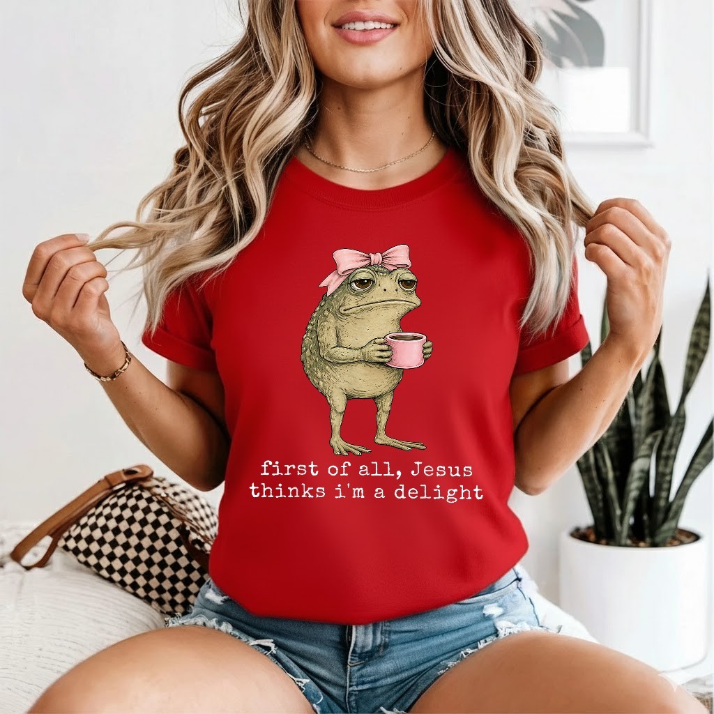 First of All Jesus Thinks I'm A Delight Frog Meme T-Shirt gallery