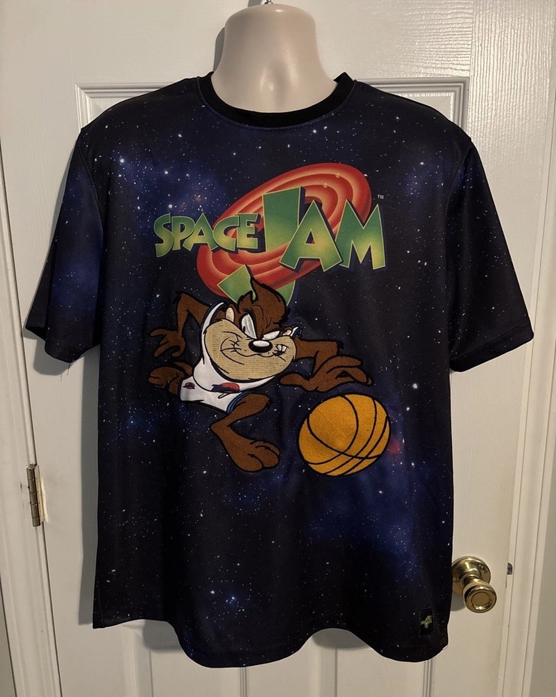 Vintage Space Jam Appliqué Embroidered Taz Basketball in A Space Print Shirt 2XL